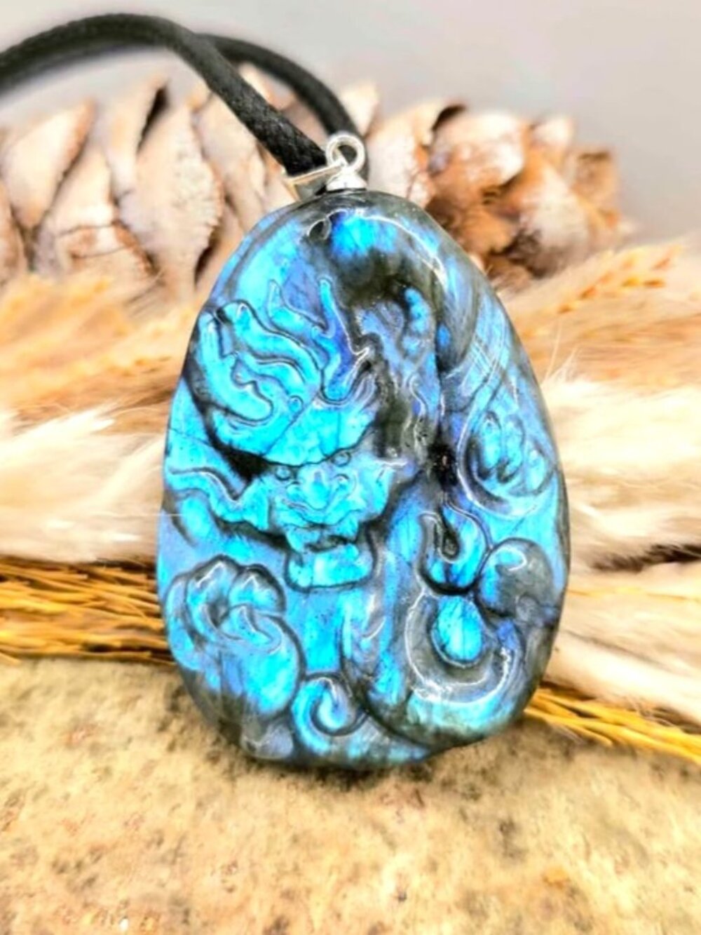 Natural Labradorite Carved Flying Dragon Pendant Necklace